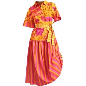 Farm Rio Printed Shirt Midi Dress Belted Pink Mustard Floral Size XL